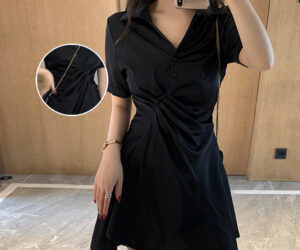 V领收腰不规则裙，S到3XL优雅通勤显瘦