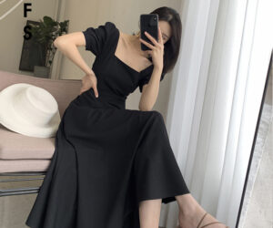 法式方领A字裙，优雅修身展迷人曲线